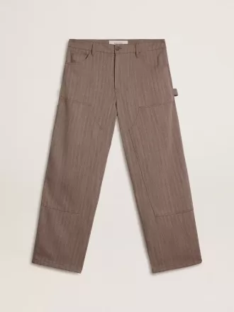 Pantaloni pentru bărbați din amestec de lână, în culoare maro deschis, cu model micro chevron