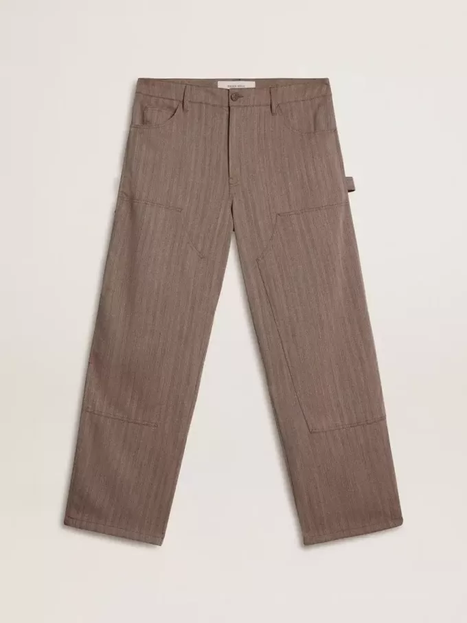 Pantaloni pentru bărbați din amestec de lână, în culoare maro deschis, cu model micro chevron Pantaloni pentru bărbați din amestec de lână, în culoare maro deschis, cu model micro chevron