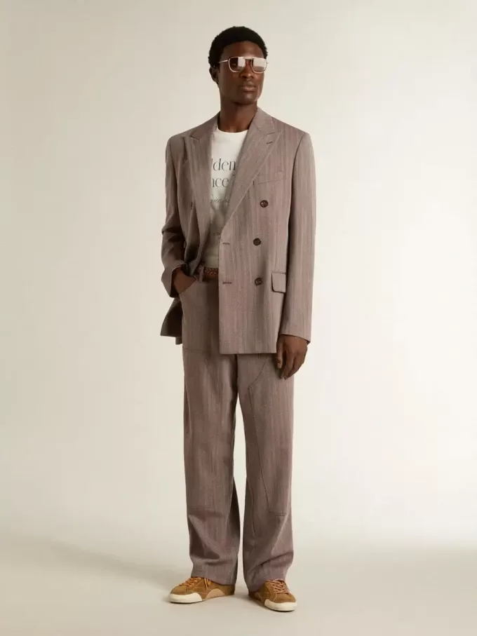 Pantaloni pentru bărbați din amestec de lână, în culoare maro deschis, cu model micro chevron Pantaloni pentru bărbați din amestec de lână, în culoare maro deschis, cu model micro chevron