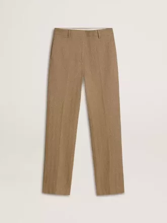 Pantaloni pentru femei din amestec de in cu model în zig-zag, de culoare nisipiu
