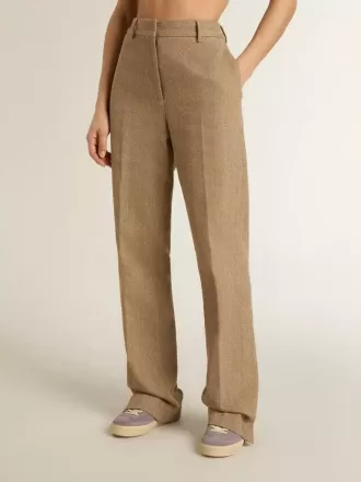 Pantaloni pentru femei din amestec de in cu model în zig-zag, de culoare nisipiu