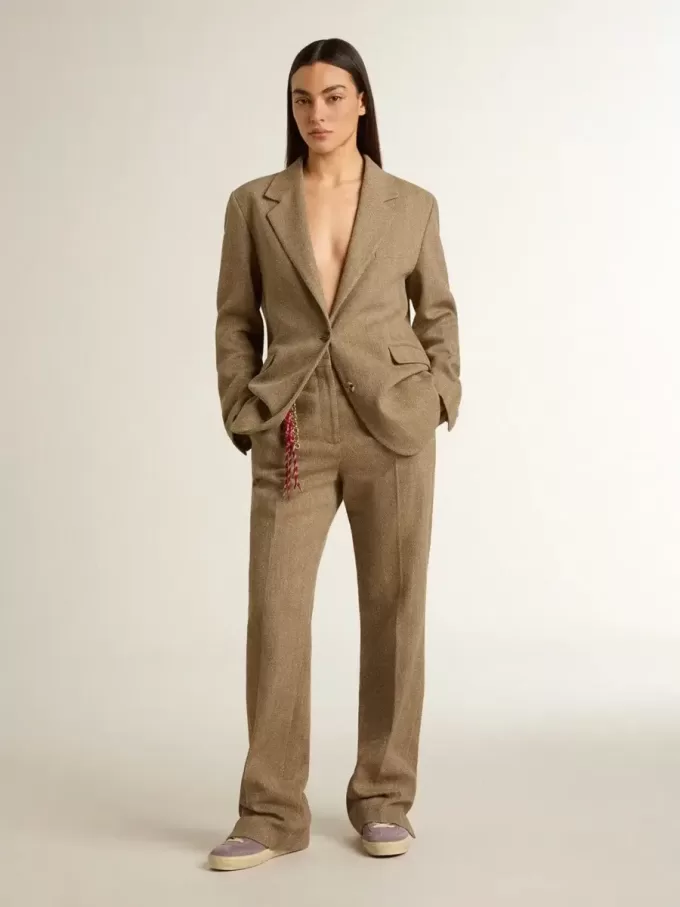 Pantaloni pentru femei din amestec de in cu model în zig-zag, de culoare nisipiu Pantaloni pentru femei din amestec de in cu model în zig-zag, de culoare nisipiu