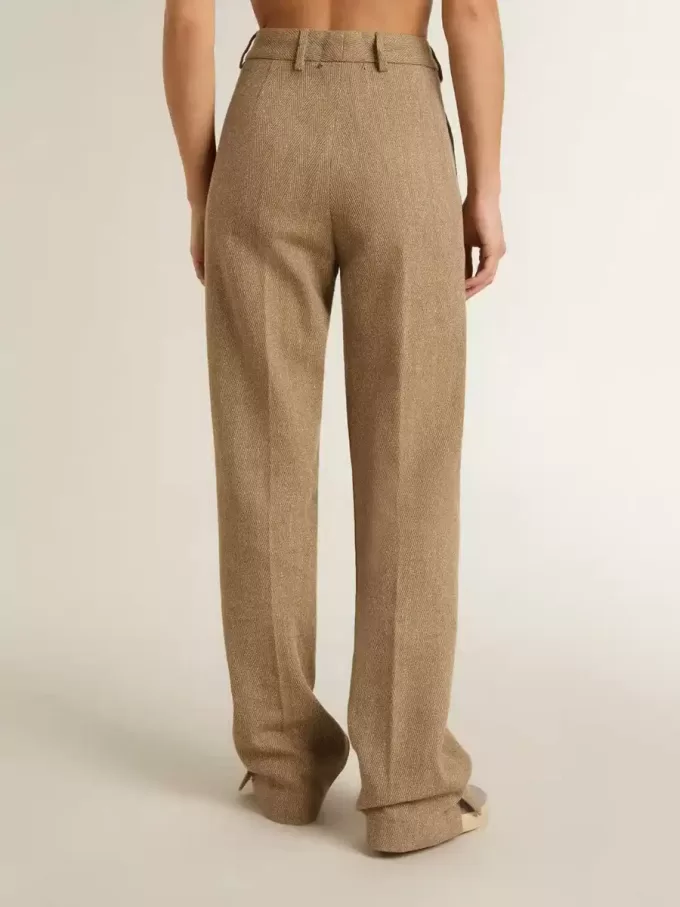 Pantaloni pentru femei din amestec de in cu model în zig-zag, de culoare nisipiu Pantaloni pentru femei din amestec de in cu model în zig-zag, de culoare nisipiu