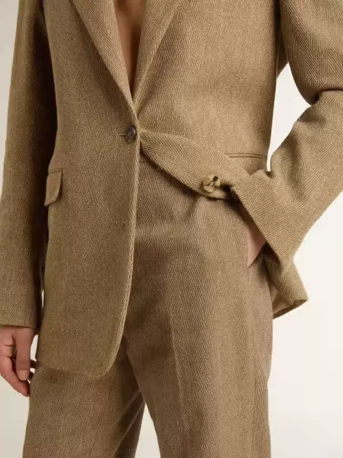 Pantaloni pentru femei din amestec de in cu model în zig-zag, de culoare nisipiu Pantaloni pentru femei din amestec de in cu model în zig-zag, de culoare nisipiu