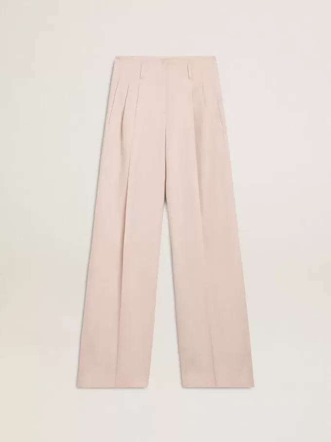 Pantaloni pentru femei din țesătură de lână roz, croiți pe măsură Pantaloni pentru femei din țesătură de lână roz, croiți pe măsură