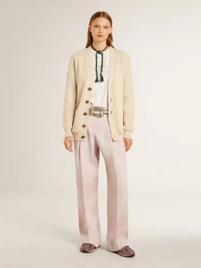 Pantaloni pentru femei din țesătură de lână roz, croiți pe măsură Pantaloni pentru femei din țesătură de lână roz, croiți pe măsură