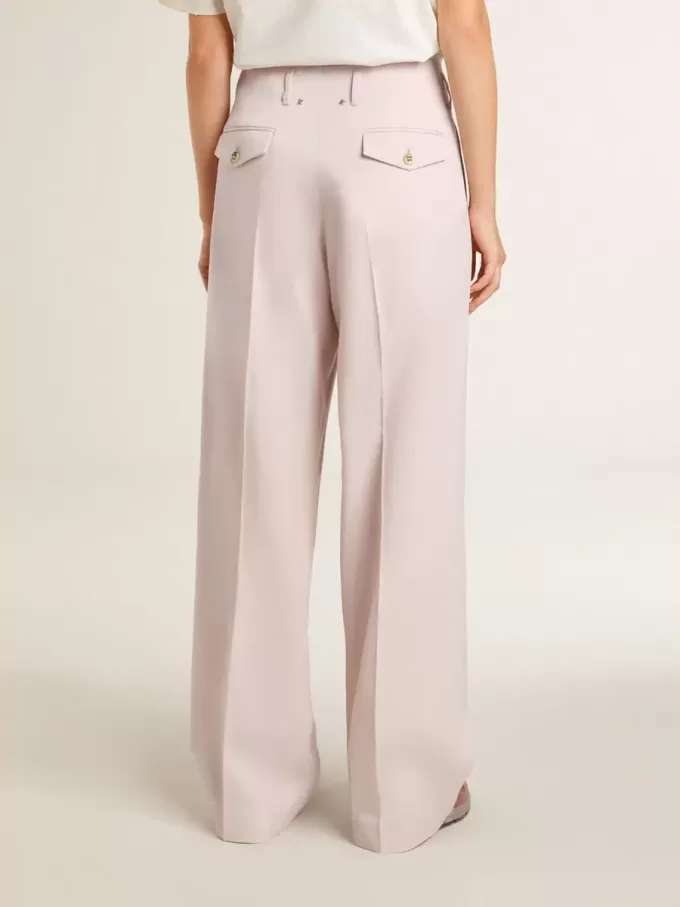Pantaloni pentru femei din țesătură de lână roz, croiți pe măsură Pantaloni pentru femei din țesătură de lână roz, croiți pe măsură