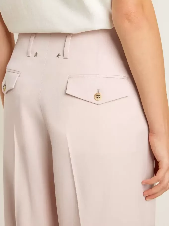 Pantaloni pentru femei din țesătură de lână roz, croiți pe măsură Pantaloni pentru femei din țesătură de lână roz, croiți pe măsură