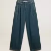 Pantaloni plisați din bumbac albastru pentru femei Pantaloni plisați din bumbac albastru pentru femei