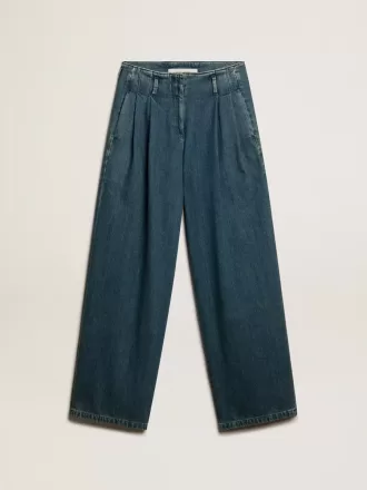 Pantaloni plisați din bumbac albastru pentru femei