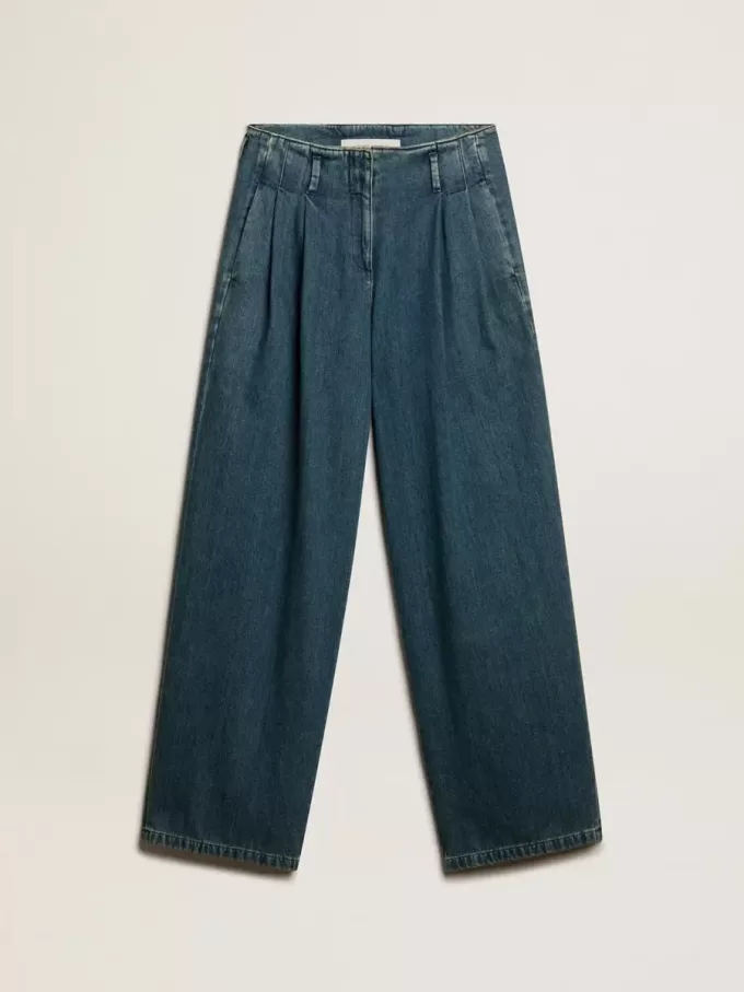 Pantaloni plisați din bumbac albastru pentru femei Pantaloni plisați din bumbac albastru pentru femei