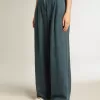 Pantaloni plisați din bumbac albastru pentru femei Pantaloni plisați din bumbac albastru pentru femei