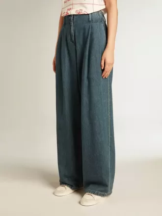 Pantaloni plisați din bumbac albastru pentru femei