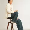 Pantaloni plisați din bumbac albastru pentru femei Pantaloni plisați din bumbac albastru pentru femei