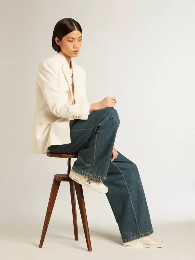Pantaloni plisați din bumbac albastru pentru femei Pantaloni plisați din bumbac albastru pentru femei