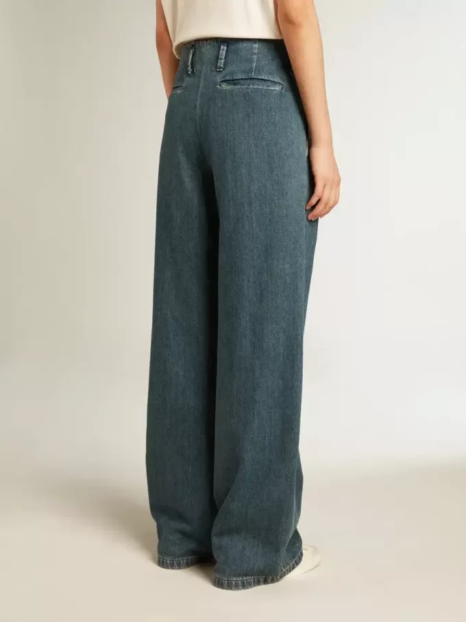 Pantaloni plisați din bumbac albastru pentru femei Pantaloni plisați din bumbac albastru pentru femei