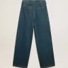 Pantaloni plisați din bumbac albastru pentru femei Pantaloni plisați din bumbac albastru pentru femei