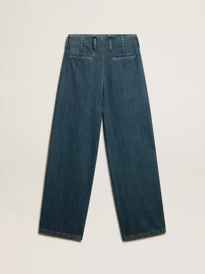 Pantaloni plisați din bumbac albastru pentru femei Pantaloni plisați din bumbac albastru pentru femei