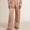 Pantaloni roz din viscoză pentru femei, cu model floral Pantaloni roz din viscoză pentru femei, cu model floral