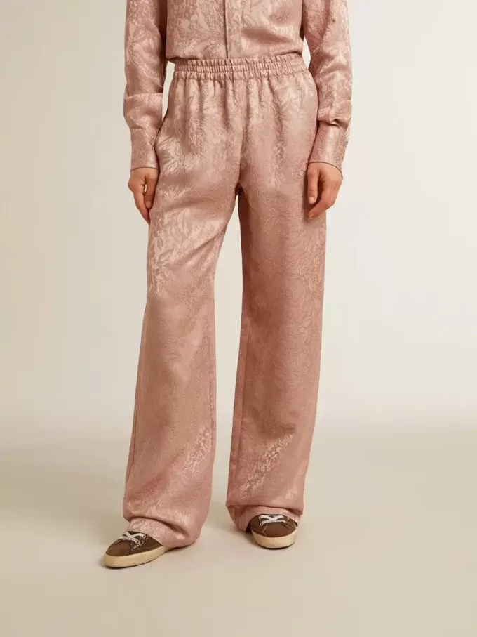 Pantaloni roz din viscoză pentru femei, cu model floral Pantaloni roz din viscoză pentru femei, cu model floral