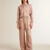 Pantaloni roz din viscoză pentru femei, cu model floral Pantaloni roz din viscoză pentru femei, cu model floral