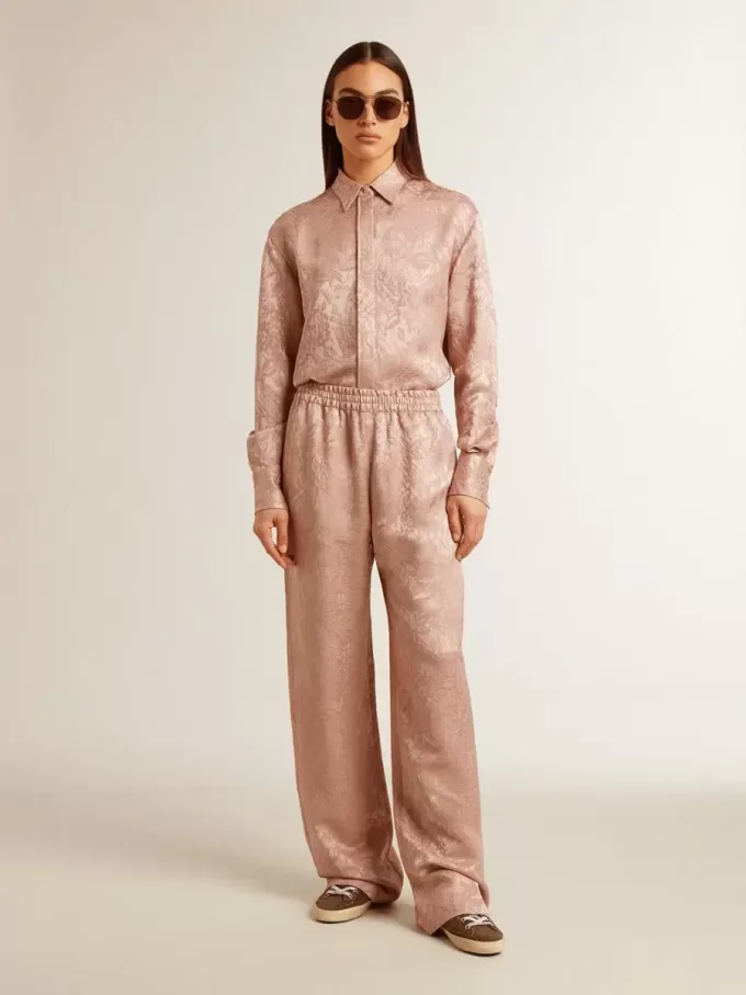 Pantaloni roz din viscoză pentru femei, cu model floral Pantaloni roz din viscoză pentru femei, cu model floral