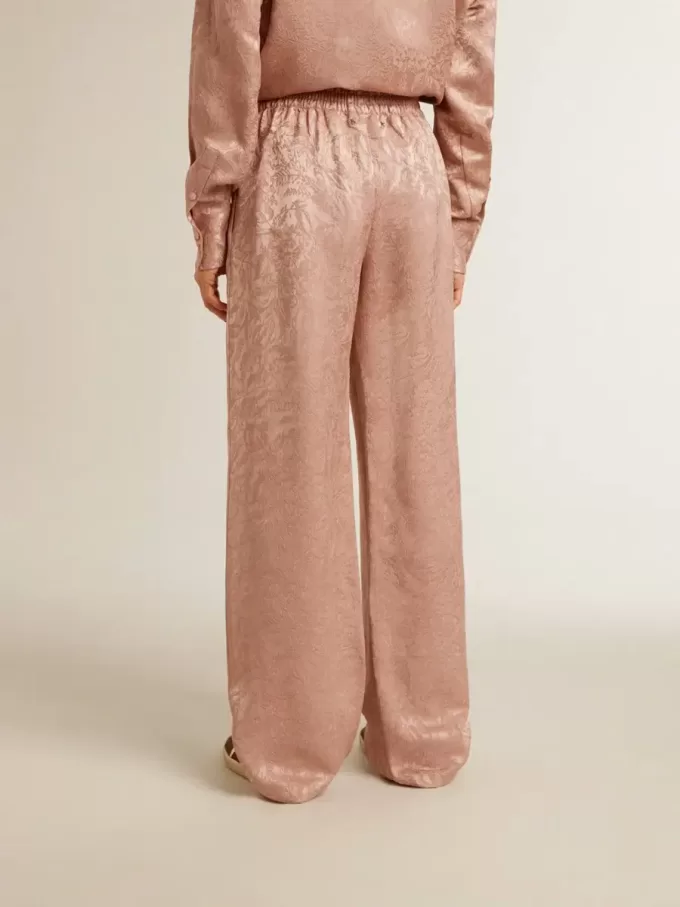 Pantaloni roz din viscoză pentru femei, cu model floral Pantaloni roz din viscoză pentru femei, cu model floral