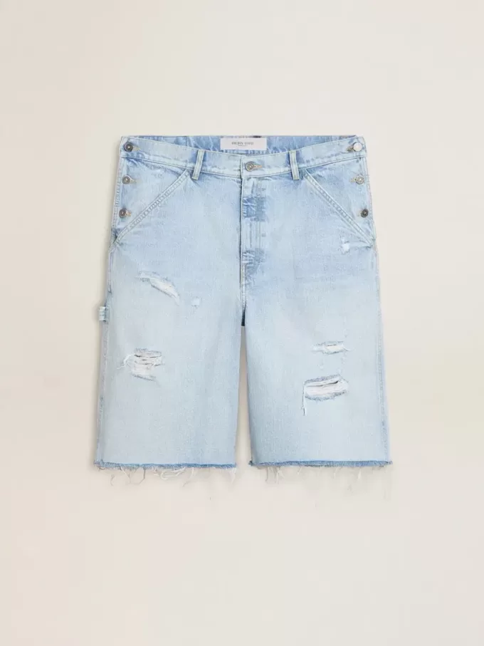 Pantaloni scurți Bermuda din denim pentru bărbați, cu efect uzat Pantaloni scurți Bermuda din denim pentru bărbați, cu efect uzat