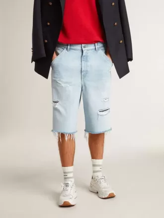 Pantaloni scurți Bermuda din denim pentru bărbați, cu efect uzat