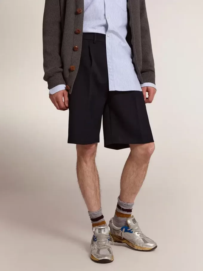 Pantaloni scurți bermuda pentru bărbați din lână albastră închisă Pantaloni scurți bermuda pentru bărbați din lână albastră închisă