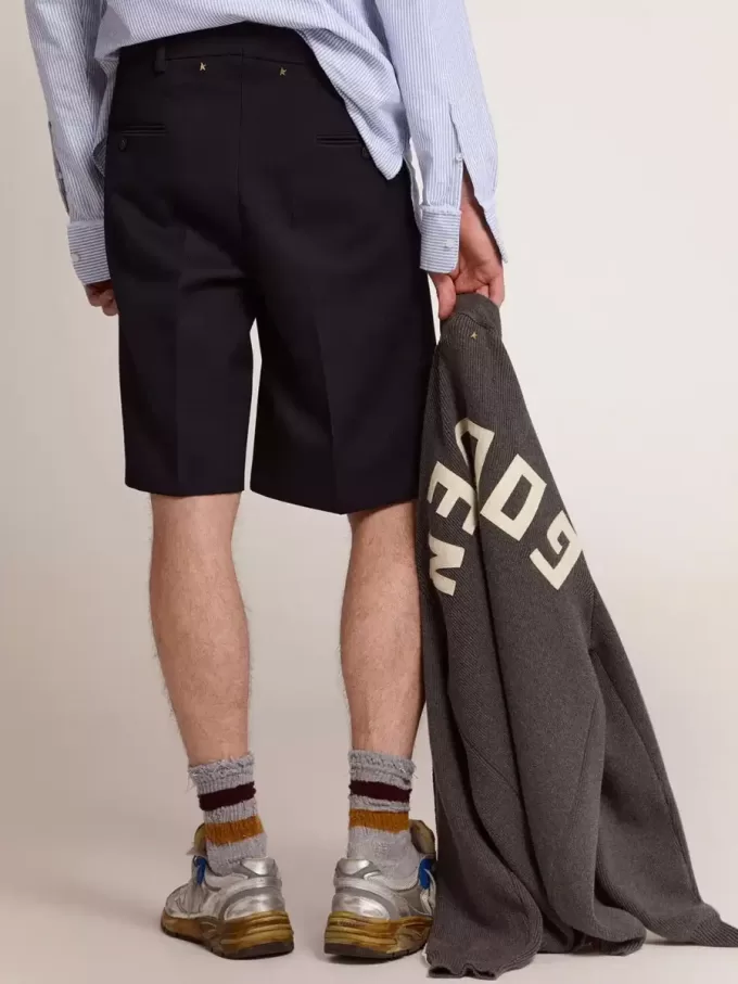 Pantaloni scurți bermuda pentru bărbați din lână albastră închisă Pantaloni scurți bermuda pentru bărbați din lână albastră închisă