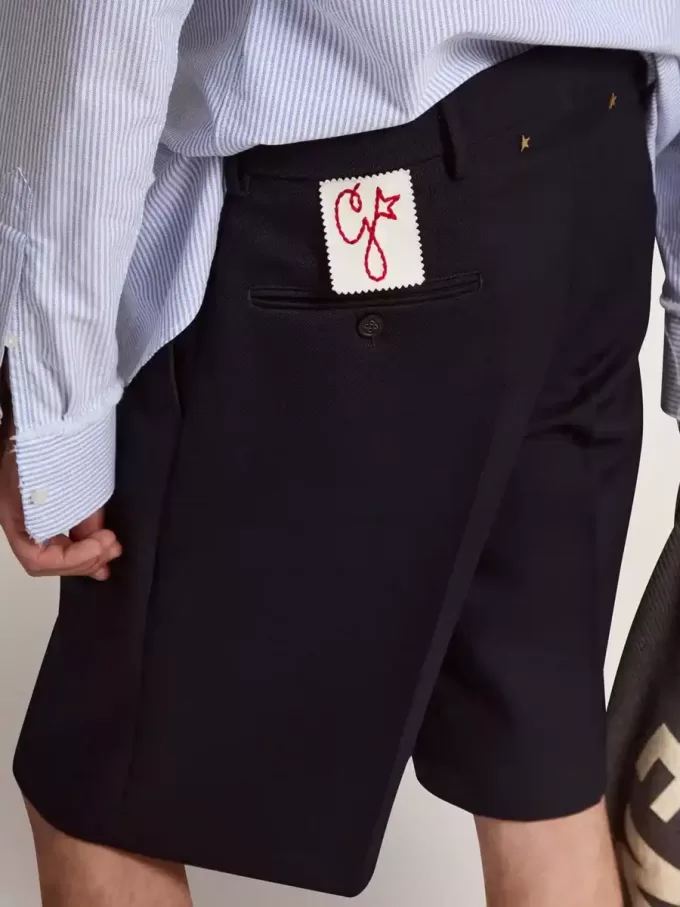 Pantaloni scurți bermuda pentru bărbați din lână albastră închisă Pantaloni scurți bermuda pentru bărbați din lână albastră închisă