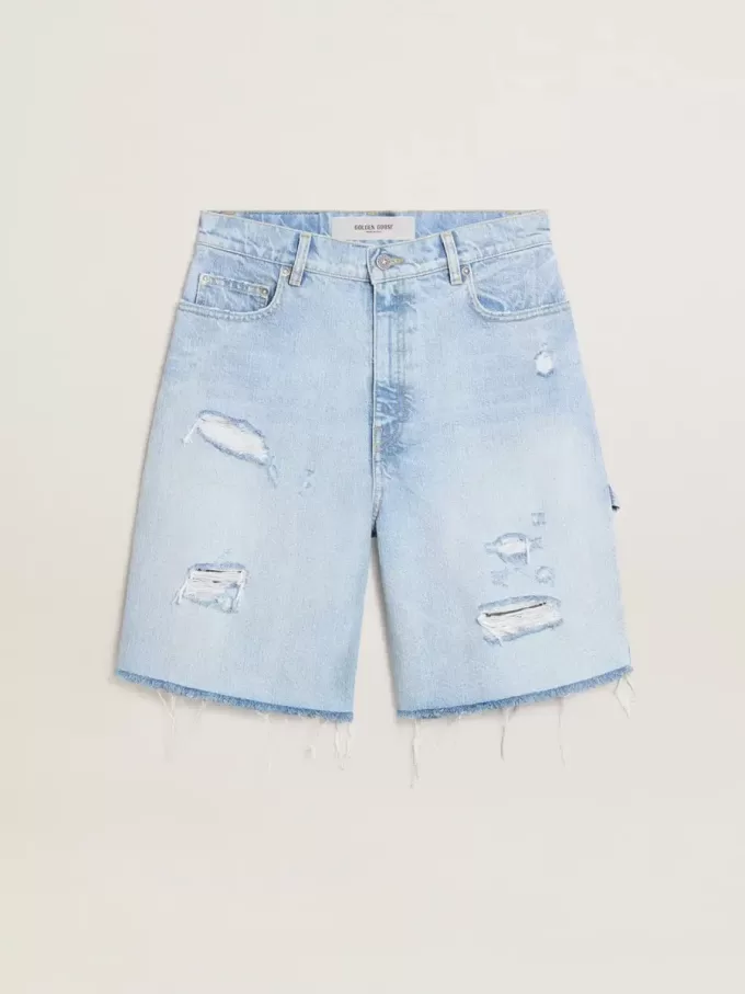 Pantaloni scurți Bermuda pentru femei din denim cu efect uzat Pantaloni scurți Bermuda pentru femei din denim cu efect uzat