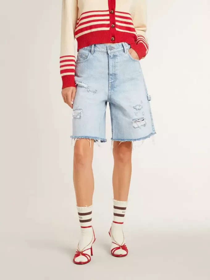 Pantaloni scurți Bermuda pentru femei din denim cu efect uzat Pantaloni scurți Bermuda pentru femei din denim cu efect uzat