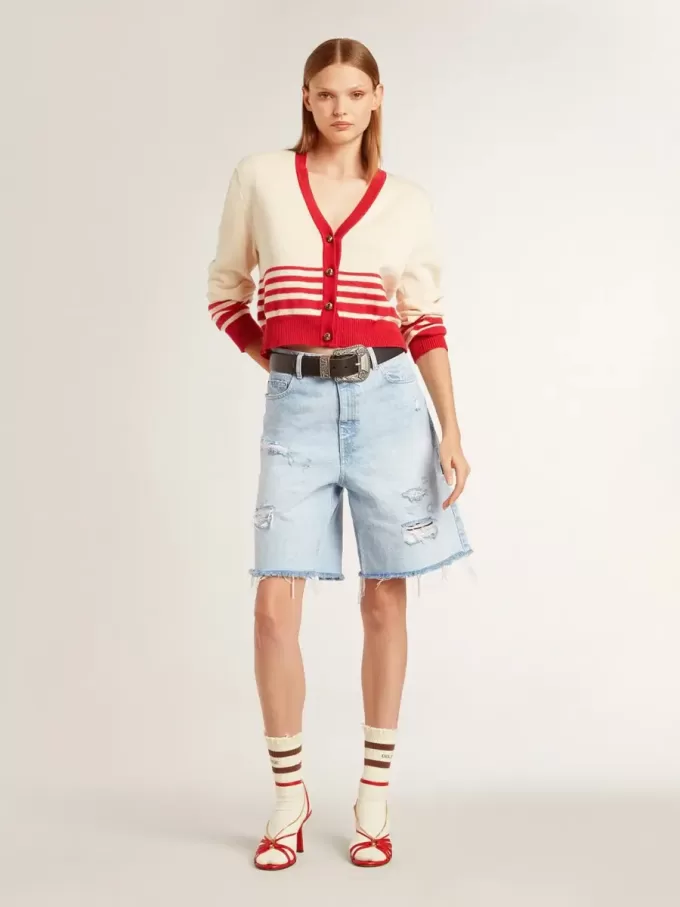Pantaloni scurți Bermuda pentru femei din denim cu efect uzat Pantaloni scurți Bermuda pentru femei din denim cu efect uzat