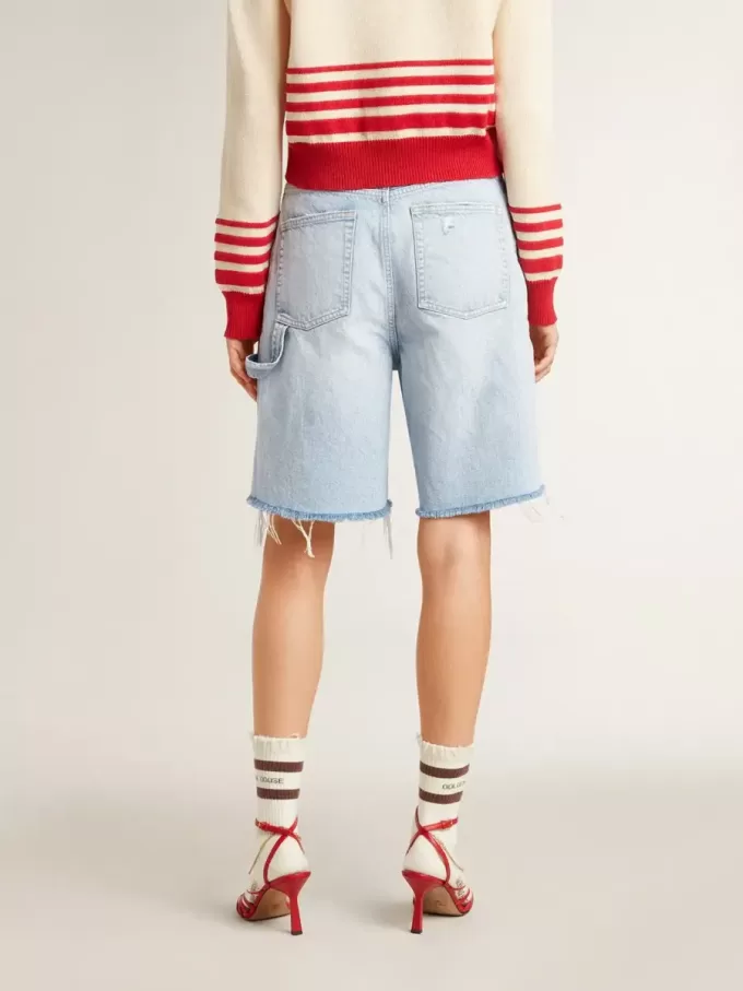 Pantaloni scurți Bermuda pentru femei din denim cu efect uzat Pantaloni scurți Bermuda pentru femei din denim cu efect uzat