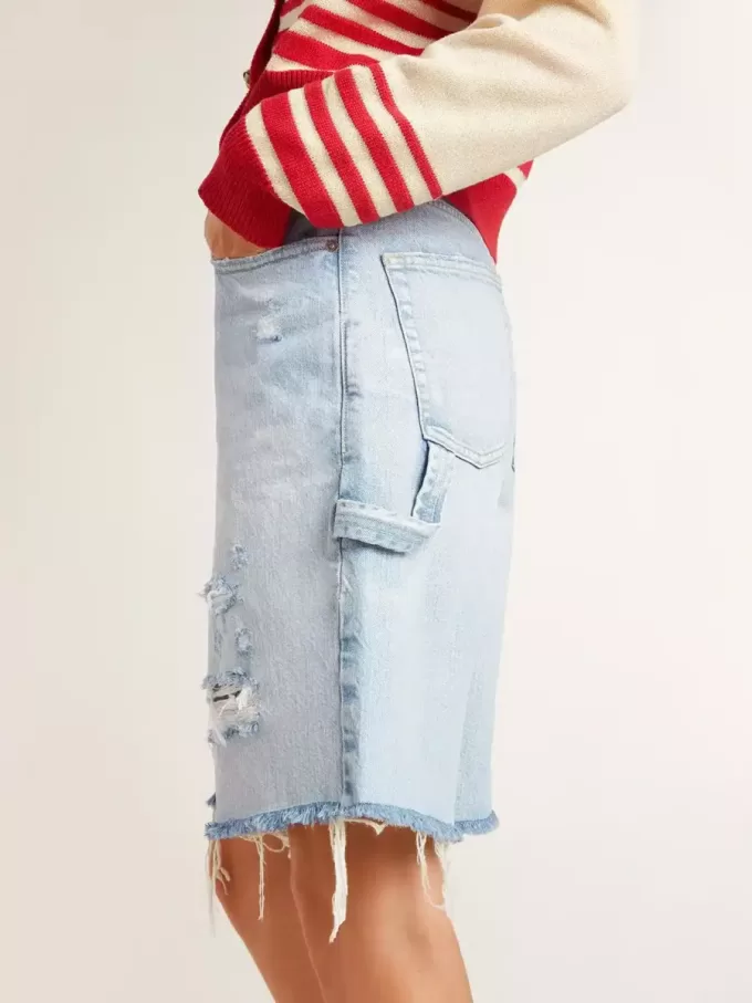 Pantaloni scurți Bermuda pentru femei din denim cu efect uzat Pantaloni scurți Bermuda pentru femei din denim cu efect uzat