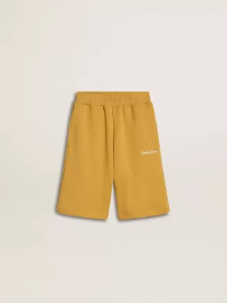 Pantaloni scurți de jogging pentru copii, de culoare galben ocru, cu broderie