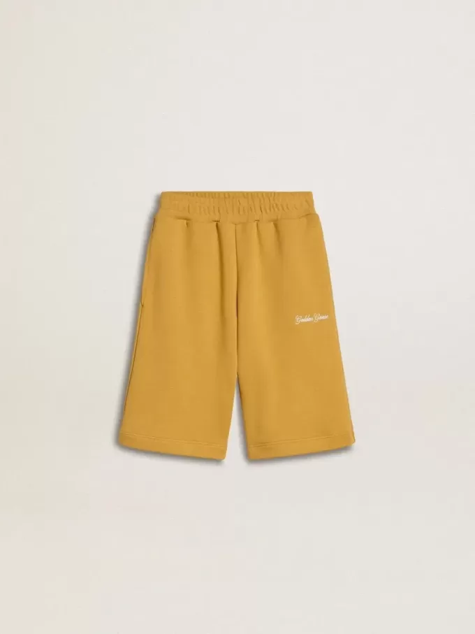 Pantaloni scurți de jogging pentru copii, de culoare galben ocru, cu broderie