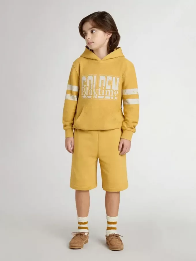 Pantaloni scurți de jogging pentru copii, de culoare galben ocru, cu broderie