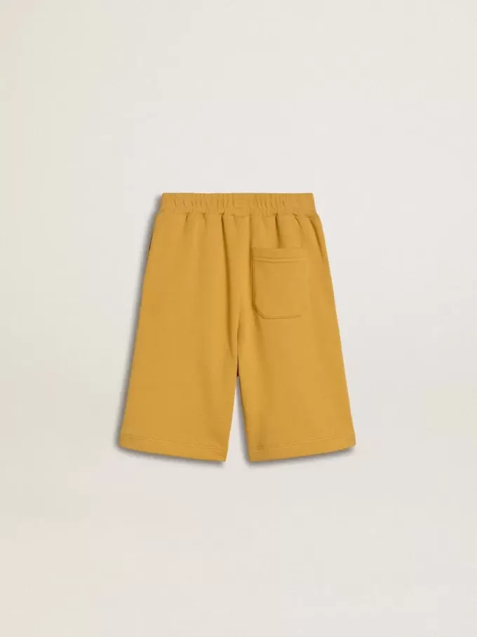 Pantaloni scurți de jogging pentru copii, de culoare galben ocru, cu broderie