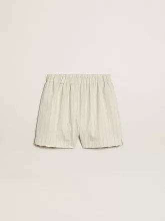 Pantaloni scurți din amestec de lână, cu dungi albe și gri, pentru femei
