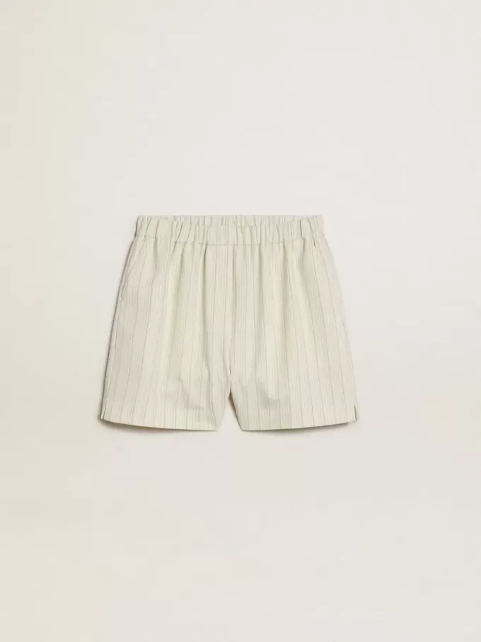 Pantaloni scurți din amestec de lână, cu dungi albe și gri, pentru femei Pantaloni scurți din amestec de lână, cu dungi albe și gri, pentru femei