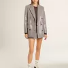 Pantaloni scurți mini pentru femei, din lână cu model houndstooth, de culoare gri Pantaloni scurți mini pentru femei, din lână cu model houndstooth, de culoare gri