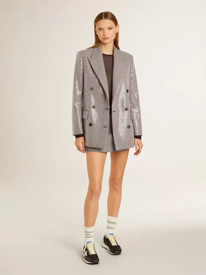 Pantaloni scurți mini pentru femei, din lână cu model houndstooth, de culoare gri Pantaloni scurți mini pentru femei, din lână cu model houndstooth, de culoare gri