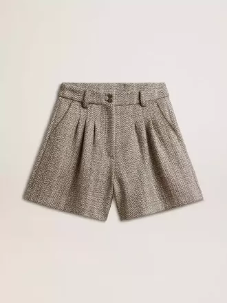 Pantaloni scurți pentru femei, de culoare maro ecru, din lână cu model în zig-zag Pantaloni scurți pentru femei, de culoare maro ecru, din lână cu model în zig-zag