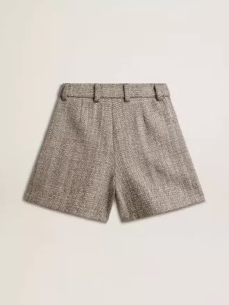 Pantaloni scurți pentru femei, de culoare maro ecru, din lână cu model în zig-zag Pantaloni scurți pentru femei, de culoare maro ecru, din lână cu model în zig-zag