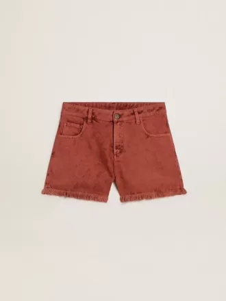 Pantaloni scurți pentru femei din denim roșu cărămiziu cu broderie Golden Mediterraneo Pantaloni scurți pentru femei din denim roșu cărămiziu cu broderie Golden Mediterraneo