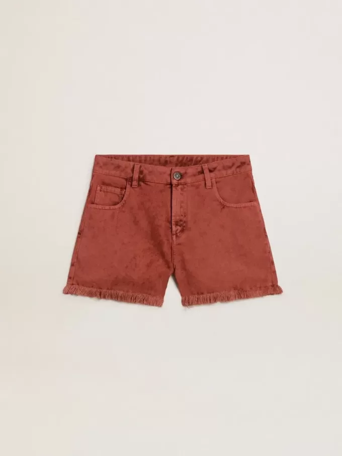 Pantaloni scurți pentru femei din denim roșu cărămiziu cu broderie Golden Mediterraneo