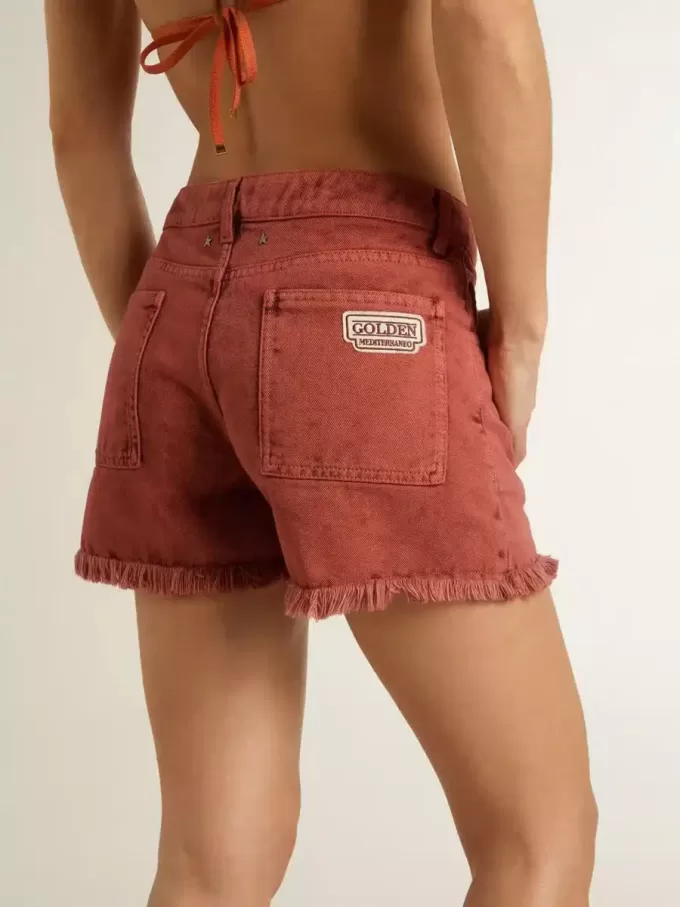 Pantaloni scurți pentru femei din denim roșu cărămiziu cu broderie Golden Mediterraneo